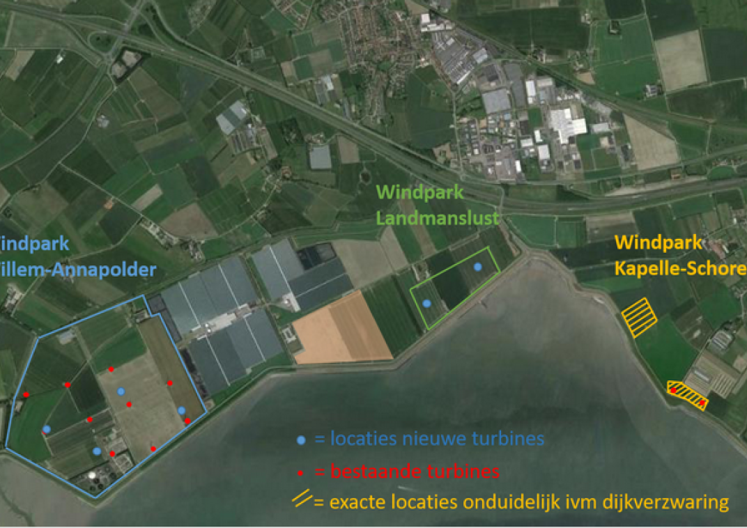 Kaartje met daarop locatie windmolens