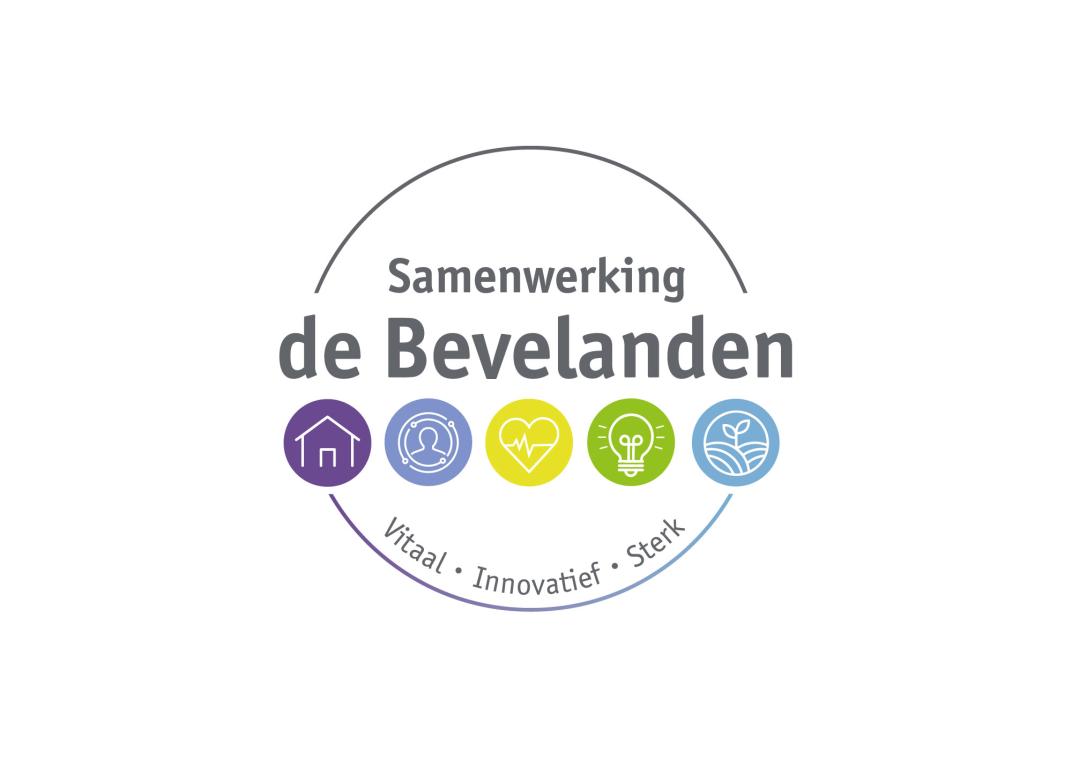 Logo met tekst Samenwerking de Bevelanden Vitaal Innovatief Sterk en verder 5 gekleurde bolletjes met symbooltjes