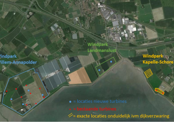 Kaartje met daarop locatie windmolens