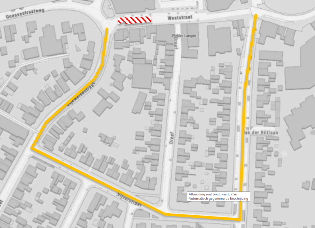 plattegrond met daarop de geplande werkzaamheden aan de Weststraat en omleidingsroute