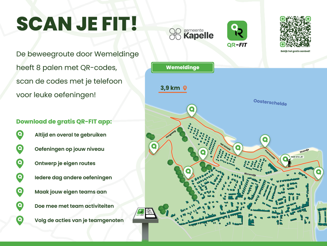 Promotiebord waarop je de hele QR-Fit route ziet die door Wemeldinge loopt