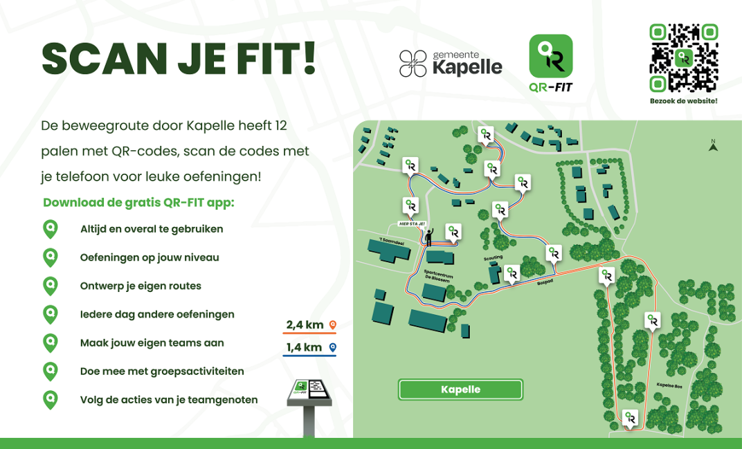 Promotiebord QR-Fitroute Kapelle met een plattegrond van de route en promotieteksten ernaast